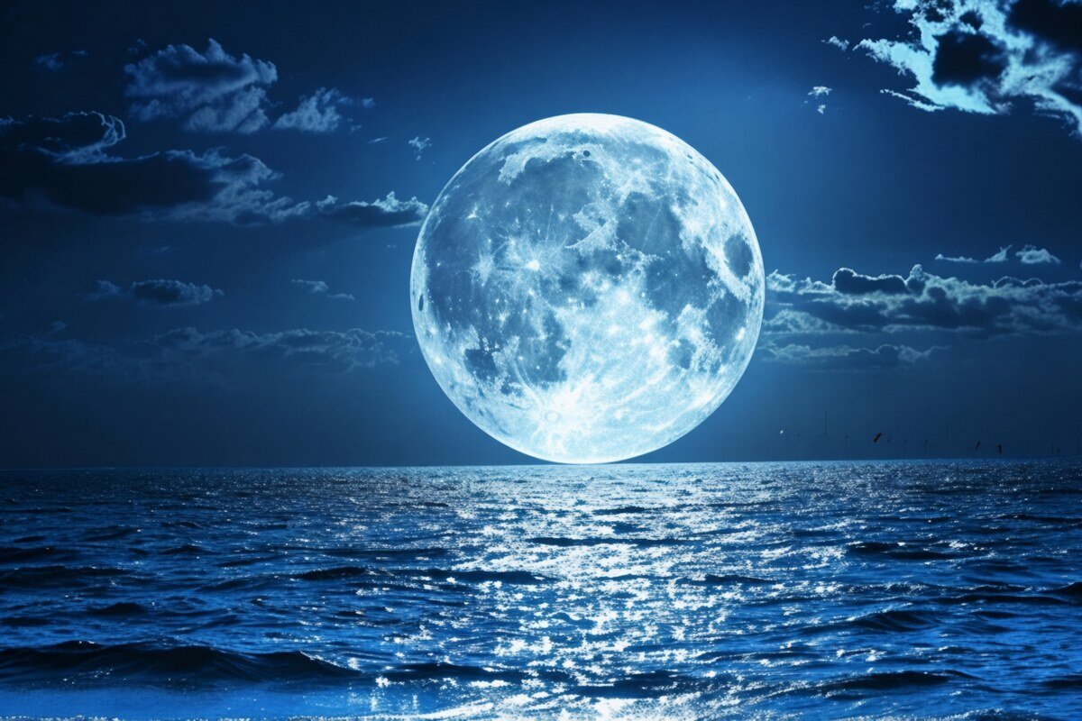 Lua cheia brilhante sobre o oceano à noite